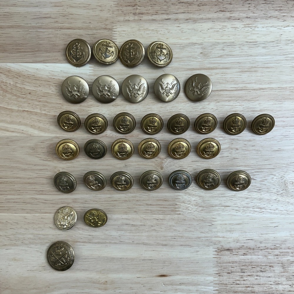 Vintage Military Brass Button Lot 33 Pcs US Eagle Navy Crown Gaunt London Maker